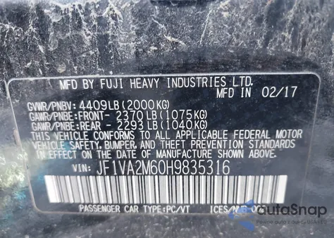 2017 Subaru Wrx Sti z USA, uszkodzony, nr VIN JF1VA2M60H9835316